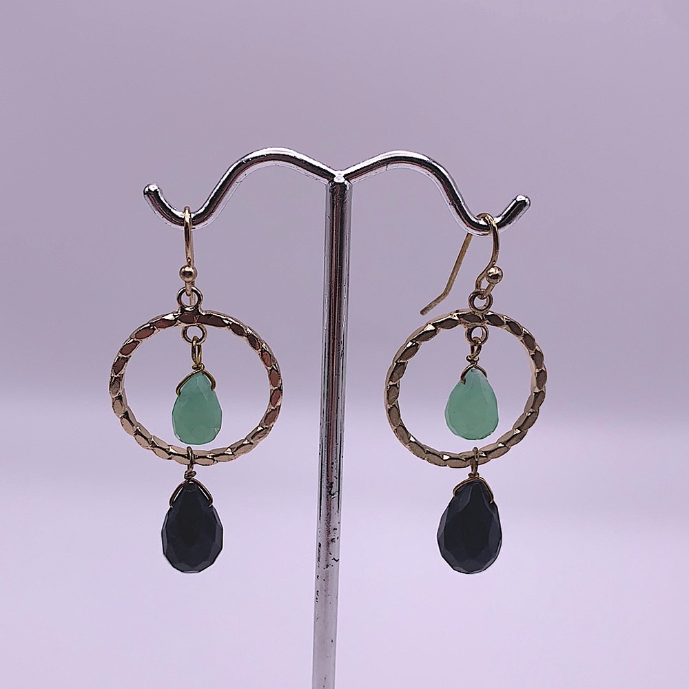 Gold Hoop Earrings With Faceted Green and Midnight Navy Stone Droplets NEW